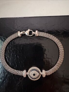 Vintage Sterling Silver Mesh Bracelet with Pave Eye Accent